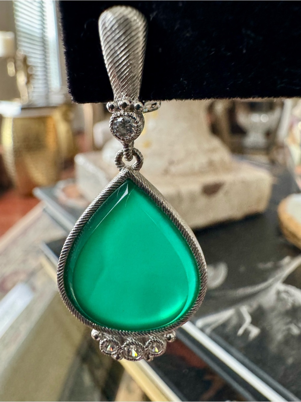 Judith Ripka Sterling Silver Green Teardrop Chalcedony n Crystal Earrings